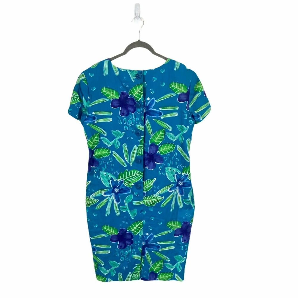 Liz Claiborne Tropical Dress Women SZ 10 Linen Sheath Retro Chic Bold Blue Green